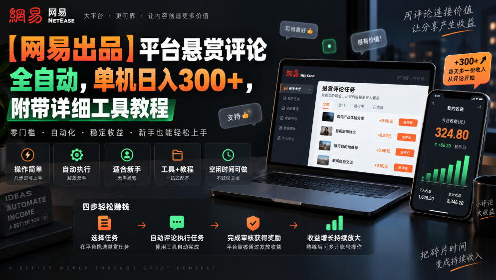 【网易出品】平台悬赏评论全自动，单机日入300+，附带详细工具教程【揭秘】-创业网 - 最新网络创业项目与实战营销教程平台 | cye.cc