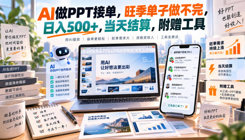AI做PPT接单，旺季单子做不完，日入500+，当天结算，附赠工具【揭秘】-创业网 - 最新网络创业项目与实战营销教程平台 | cye.cc