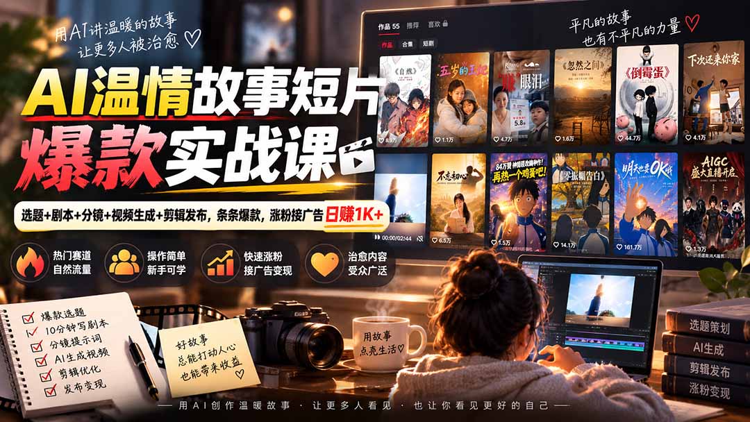 AI温情故事短片爆款实战课-更新｜选题+剧本+分镜+视频生成+剪辑发布，条条爆款，涨粉接广告日赚1K+-创业网 - 最新网络创业项目与实战营销教程平台 | cye.cc