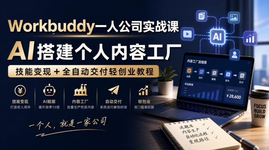 Workbuddy一人公司实战课，AI搭建个人内容工厂，技能变现+全自动交付轻创业教程​-创业网 - 最新网络创业项目与实战营销教程平台 | cye.cc