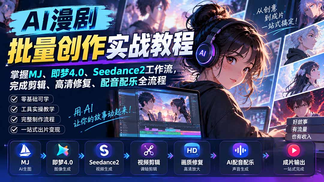 AI漫剧批量创作实战教程：掌握MJ、即梦4.0、Seedance2工作流，完成剪辑、高清修复、配音配乐全流程-创业网 - 最新网络创业项目与实战营销教程平台 | cye.cc