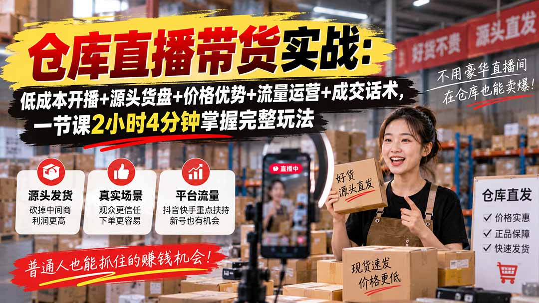仓库直播带货实战：低成本开播+源头货盘+价格优势+流量运营+成交话术，一节课2小时4分钟掌握完整玩法-创业网 - 最新网络创业项目与实战营销教程平台 | cye.cc