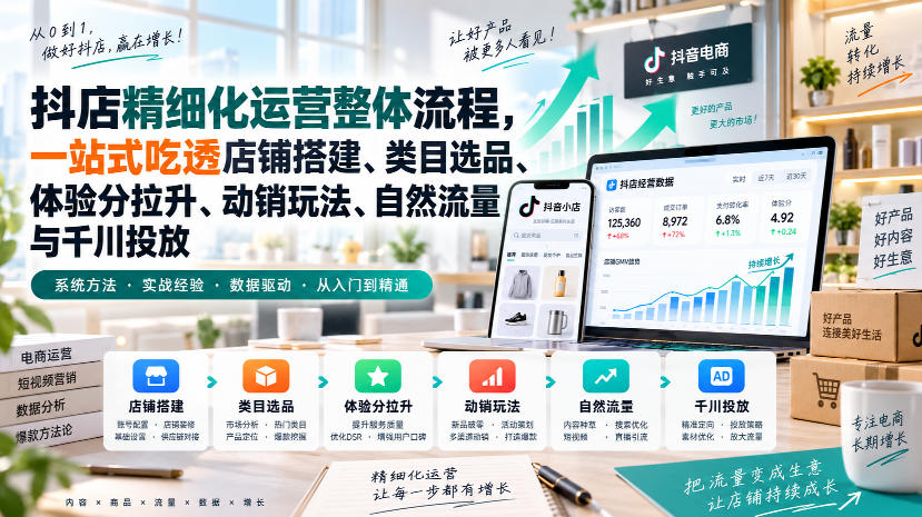 李哥电商-抖店精细化运营整体流程，一站式吃透店铺搭建、类目选品、体验分拉升、动销玩法、自然流量与千川投放-创业网 - 最新网络创业项目与实战营销教程平台 | cye.cc