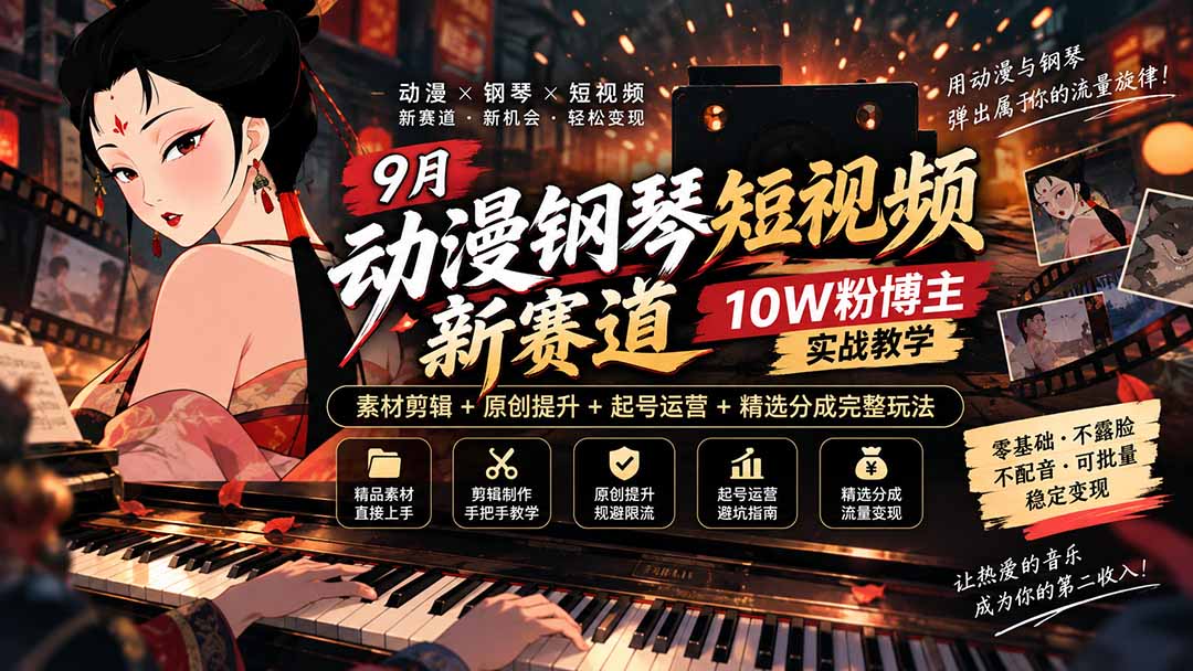9月动漫钢琴短视频新赛道｜10W粉博主实战教学，素材剪辑+原创提升+起号运营+精选分成完整玩法-创业网 - 最新网络创业项目与实战营销教程平台 | cye.cc