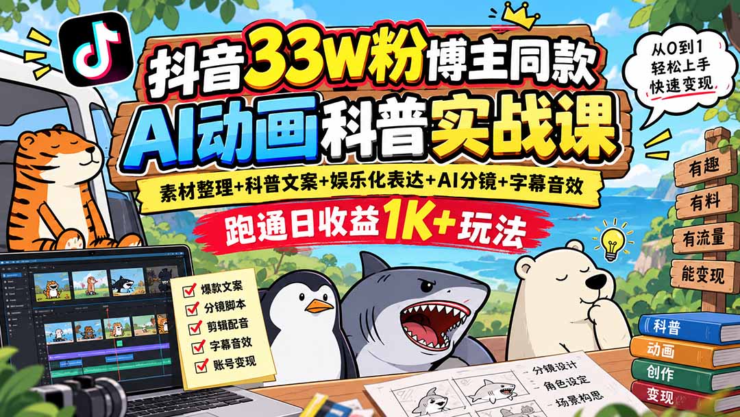 抖音33W粉博主同款AI动画科普实战课｜素材整理+科普文案+娱乐化表达+AI分镜+字幕音效，跑通日收益1K+玩法-创业网 - 最新网络创业项目与实战营销教程平台 | cye.cc