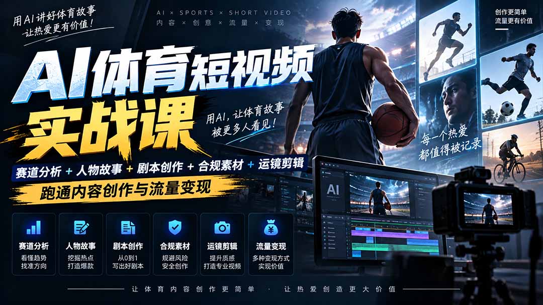 AI体育短视频赛道顶级玩法｜赛道分析+人物故事+剧本创作+版权处理+运镜剪辑，跑通流量变现-日赚1K+-创业网 - 最新网络创业项目与实战营销教程平台 | cye.cc