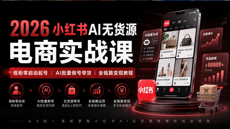 2026小红书AI无货源电商实战课｜低粉零启动起号｜AI批量做号带货全链路变现教程-创业网 - 最新网络创业项目与实战营销教程平台 | cye.cc