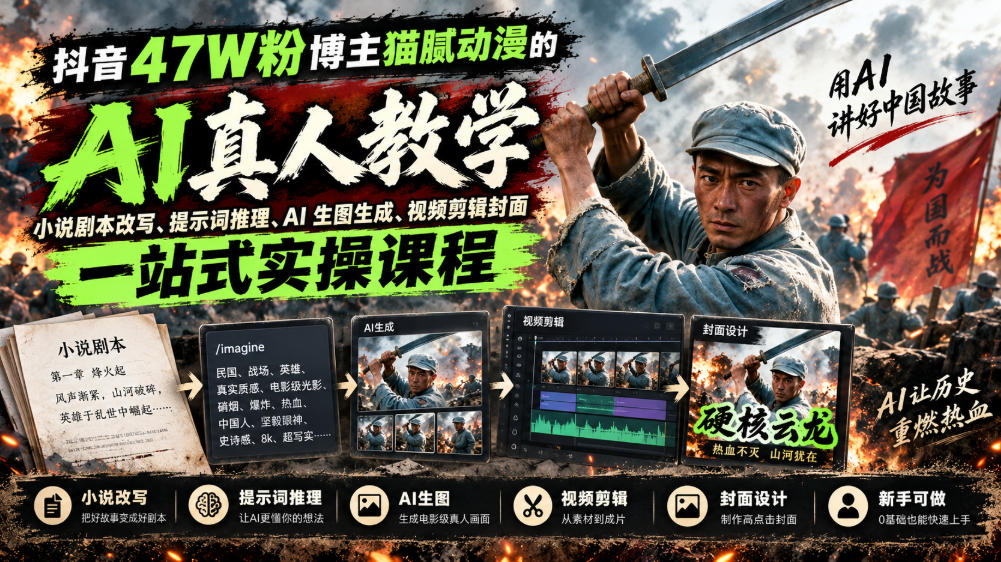 抖音47W粉博主猫腻动漫的AI真人漫剧教学，小说剧本改写、提示词推理、AI生图生成、视频剪辑封面一站式实操课程-创业网 - 最新网络创业项目与实战营销教程平台 | cye.cc