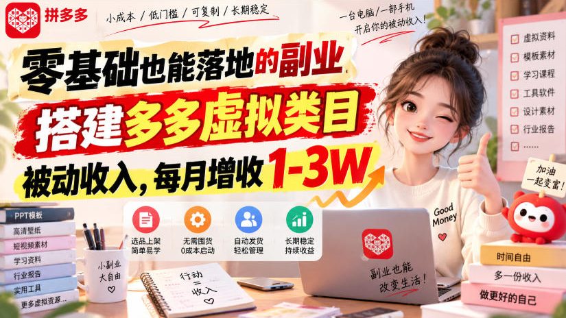 零基础也能落地的副业，搭建多多虚拟类目被动收入，每月增收1-3W【揭秘】-创业网 - 最新网络创业项目与实战营销教程平台 | cye.cc