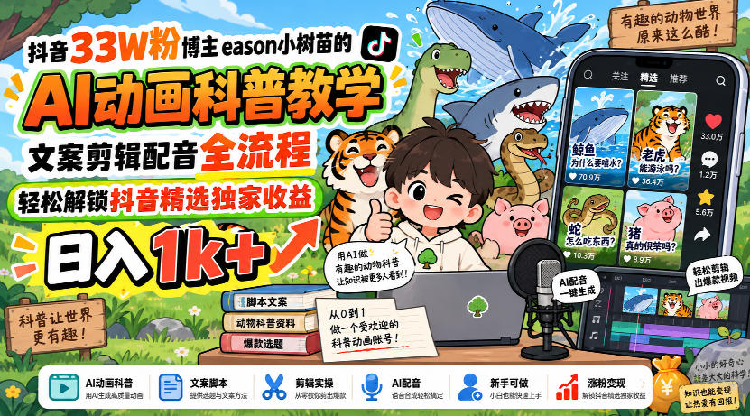 抖音33W粉博主eason小树苗的AI动画科普教学，文案剪辑配音全流程，轻松解锁抖音精选独家收益，日入1k+-创业网 - 最新网络创业项目与实战营销教程平台 | cye.cc