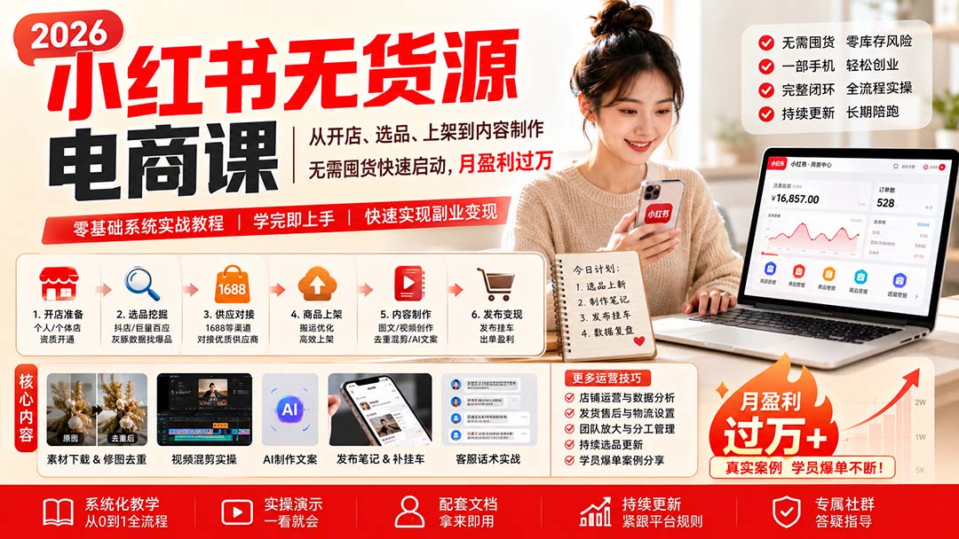 小红书无货源电商课(9月16更新-创业网 - 最新网络创业项目与实战营销教程平台 | cye.cc