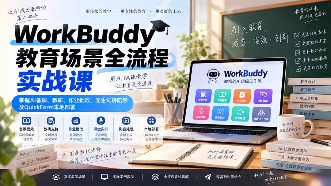 WorkBuddy教育场景全流程实战课：掌握AI备课、教研、作业批改、无生试讲陪练及QuickForm本地部署-创业网 - 最新网络创业项目与实战营销教程平台 | cye.cc