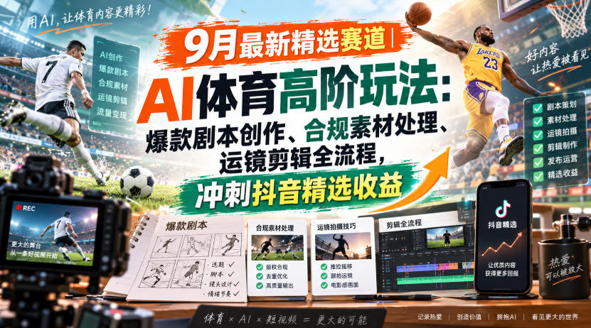 某大佬的9月最新精选赛道之AI体育顶级玩法，爆款剧本创作、版权规避、运镜剪辑全流程，稳拿抖音精选收益-创业网 - 最新网络创业项目与实战营销教程平台 | cye.cc