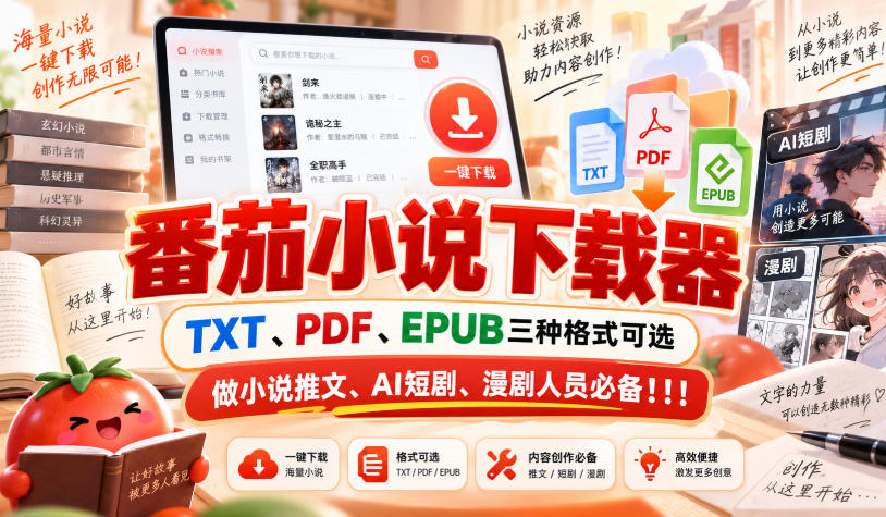 番茄小说下载器，TXT、PDF、EPUB三种格式可选，做小说推文、AI短剧、漫剧人员必备！！！-创业网 - 最新网络创业项目与实战营销教程平台 | cye.cc