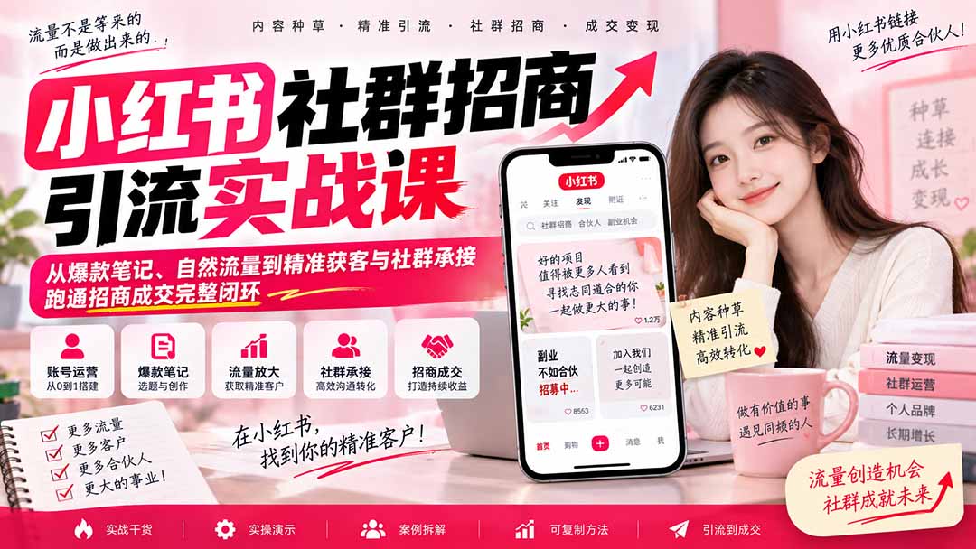 小红书社群招商引流实战课-无水印：从爆款笔记、自然流量到精准获客与社群承接，跑通招商成交完整闭环-创业网 - 最新网络创业项目与实战营销教程平台 | cye.cc