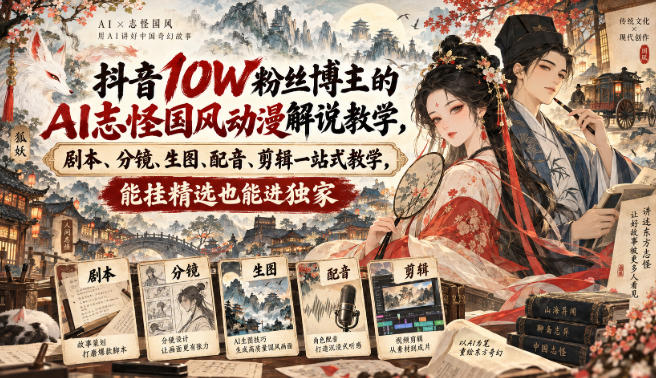 抖音10W粉丝博主满堂诡事的AI志怪国风动漫解说教学，剧本、分镜、生图、配音、剪辑一站式教学，能挂精选也能进独家​-创业网 - 最新网络创业项目与实战营销教程平台 | cye.cc