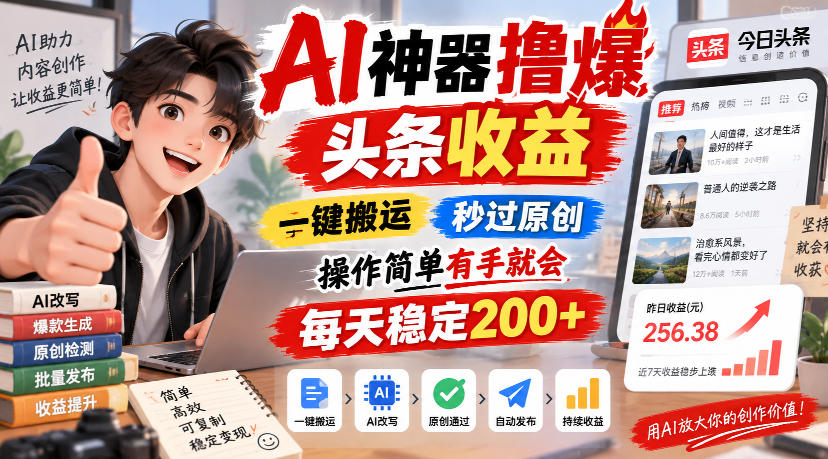 AI神器撸爆头条收益，一键搬运，秒过原创，操作简单有手就会，每天稳定200+【揭秘】-创业网 - 最新网络创业项目与实战营销教程平台 | cye.cc
