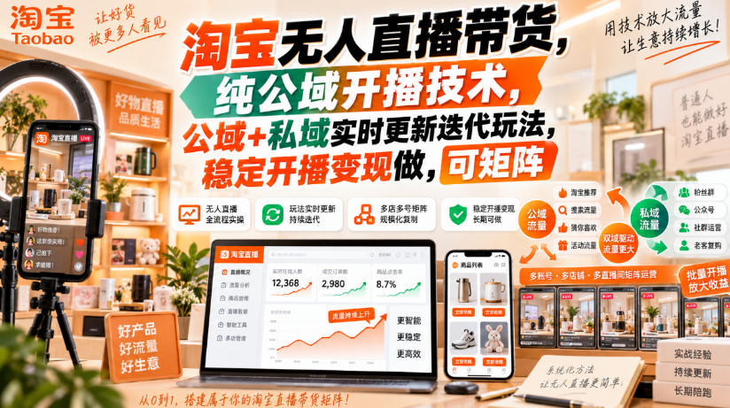 淘宝无人直播带货，纯公域开播技术，公域+私域实时更新迭代玩法，稳定开播变现做，可矩阵【揭秘】-创业网 - 最新网络创业项目与实战营销教程平台 | cye.cc