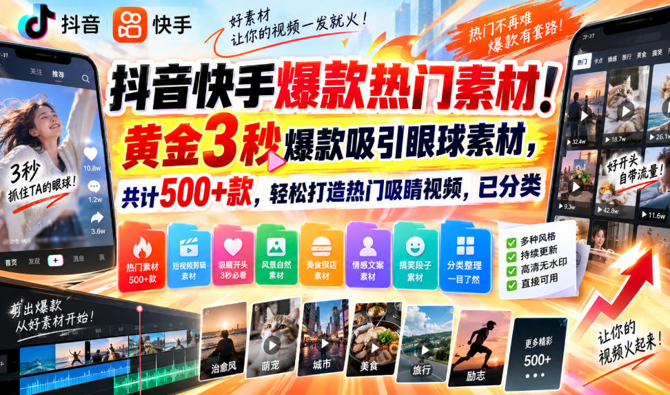抖音快手爆款热门素材！黄金3秒爆款吸引眼球素材，共计500+款，轻松打造热门吸睛视频，已分类-创业网 - 最新网络创业项目与实战营销教程平台 | cye.cc