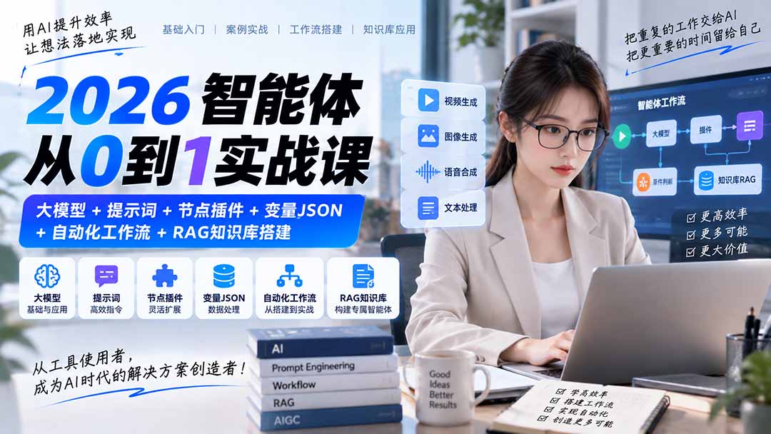 2026智能体从0到1实战课｜大模型+提示词+节点插件+变量JSON+自动化工作流+RAG知识库搭建-创业网 - 最新网络创业项目与实战营销教程平台 | cye.cc