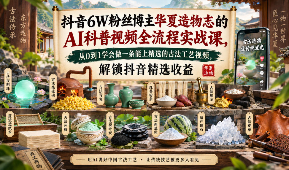 抖音6W粉丝博主华夏造物志的AI科普视频全流程实战课，从0到1学会做一条能上精选的古法工艺视频，解锁抖音精选收益-创业网 - 最新网络创业项目与实战营销教程平台 | cye.cc