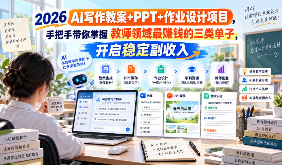 2026 AI写作教案+PPT+作业设计项目,手把手带你掌握教师领域最賺钱的三类单子,开启稳定副收入