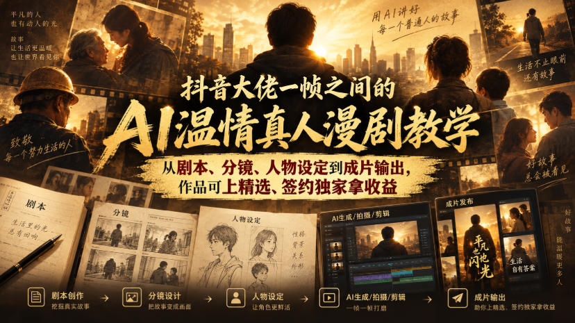 抖音大佬一帧之间的AI温情真人漫剧教学，从剧本、分镜、人物设定到成片输出，作品可上精选、签约独家拿收益-创业网 - 最新网络创业项目与实战营销教程平台 | cye.cc