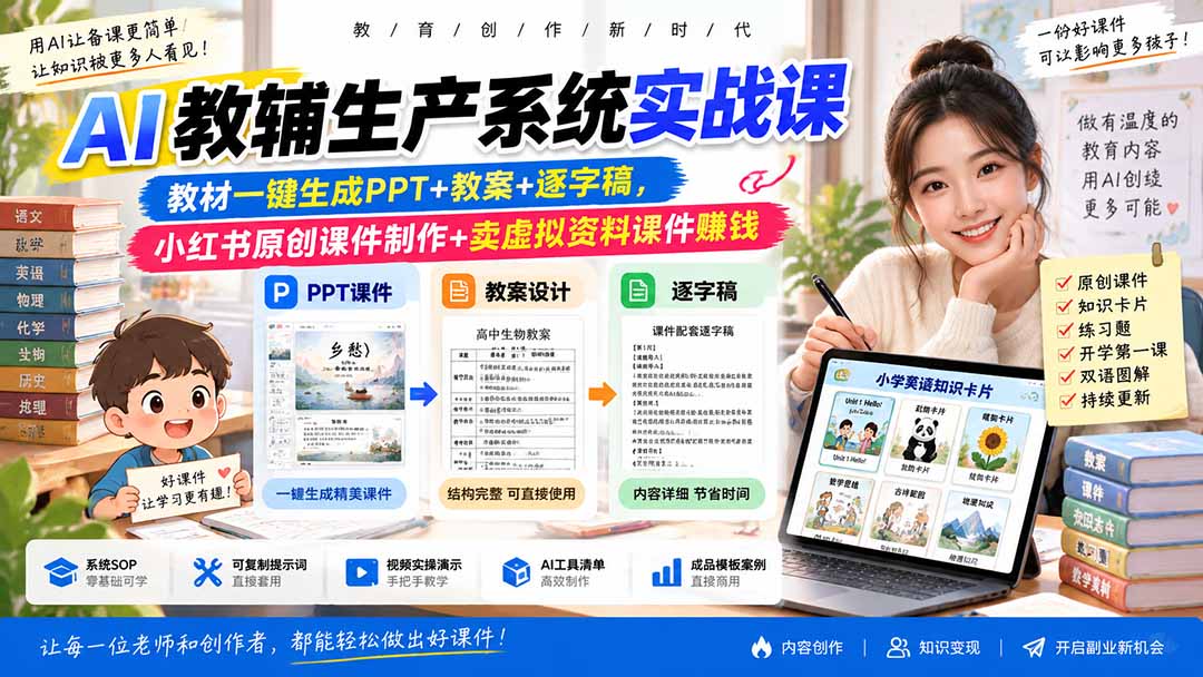 AI教辅生产系统实战课｜教材一键生成PPT+教案+逐字稿，小红书原创课件制作+卖虚拟资料课件赚钱-创业网 - 最新网络创业项目与实战营销教程平台 | cye.cc