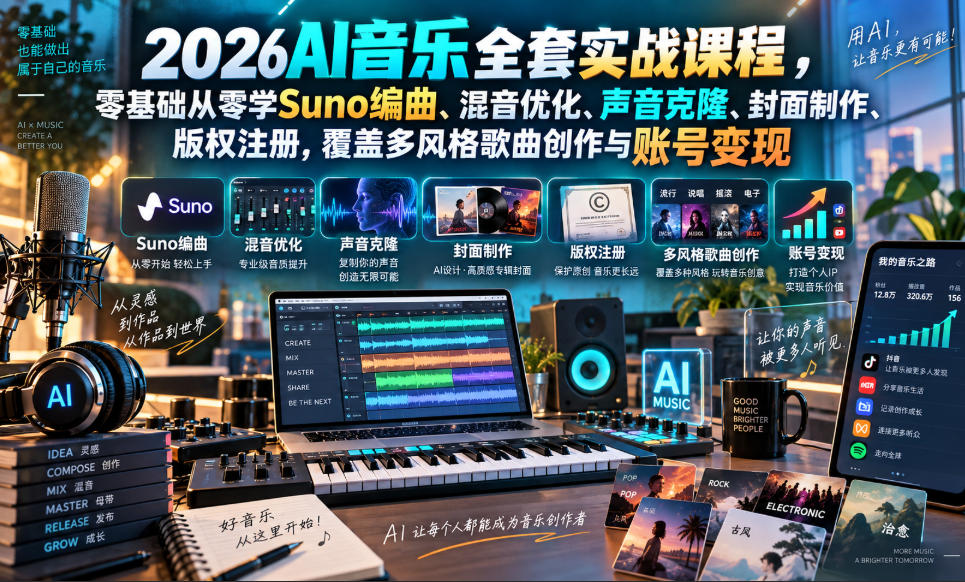 2026AI音乐实战课程，零基础从零学Suno编曲、混音优化、声音克隆、版权注册，覆盖多风格歌曲创作与账号变现-创业网 - 最新网络创业项目与实战营销教程平台 | cye.cc