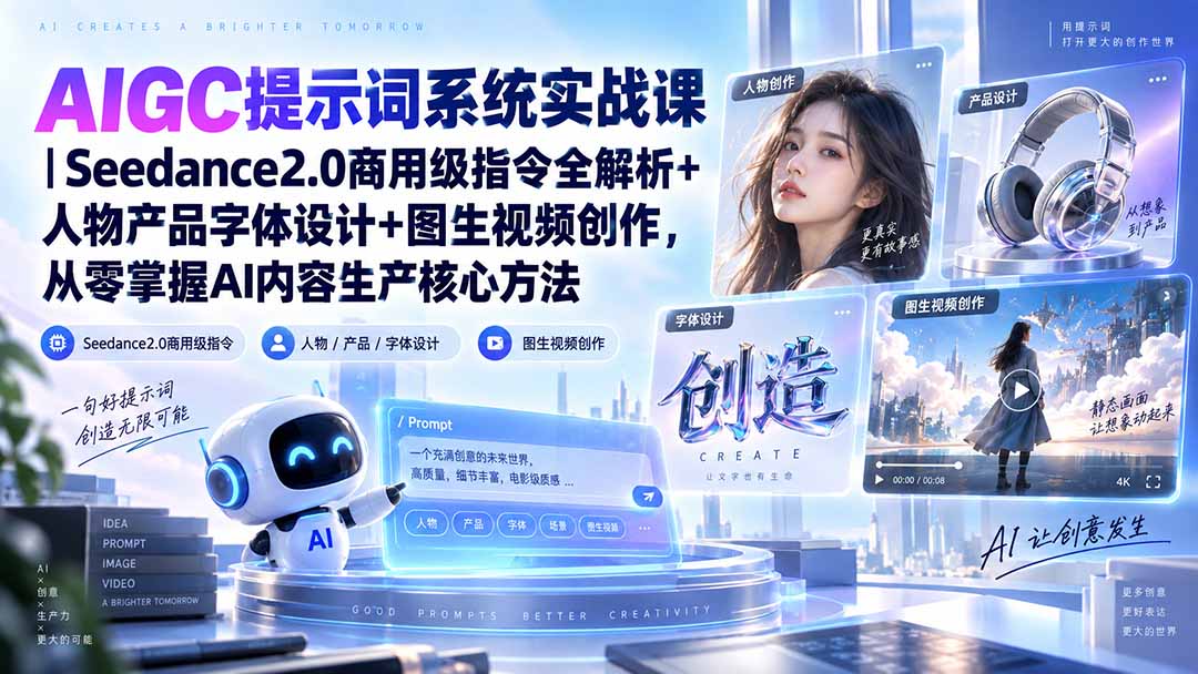 AIGC提示词系统实战课-无水印｜Seedance2.0商用级指令全解析+人物产品字体设计+图生视频创作，掌握AI内容生产方法-创业网 - 最新网络创业项目与实战营销教程平台 | cye.cc