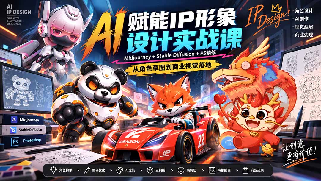 AI赋能IP形象设计实战课-无水印：Midjourney+Stable Diffusion+PS精修，从角色草图到商业视觉落地-创业网 - 最新网络创业项目与实战营销教程平台 | cye.cc