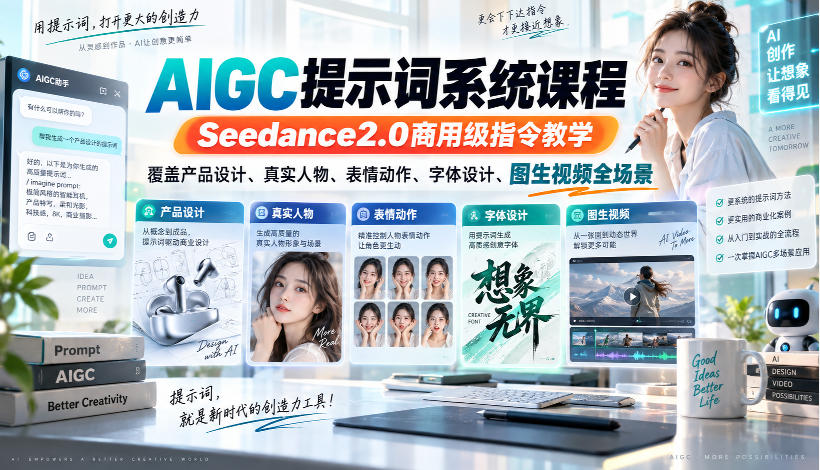 AIGC提示词系统课程，Seedance2.0商用级指令教学，覆盖产品设计、真实人物、表情动作、字体设计、图生视频全场景-创业网 - 最新网络创业项目与实战营销教程平台 | cye.cc
