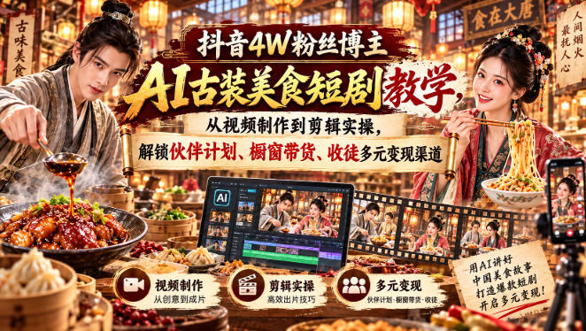 抖音4W粉丝博主AI古装美食短剧教学，从视频制作到剪辑实操，解锁伙伴计划、橱窗带货、收徒多元变现渠道-创业网 - 最新网络创业项目与实战营销教程平台 | cye.cc