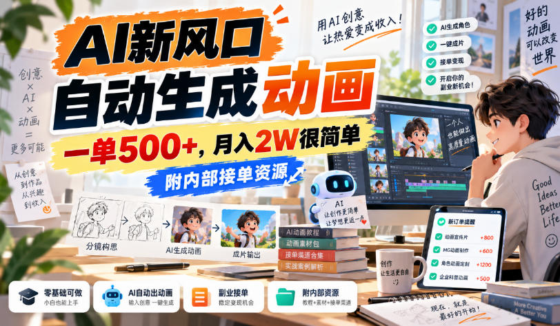AI新风口，自动生成动画，一单500+，月入2W很简单，附内部接单资源【揭秘】-创业网 - 最新网络创业项目与实战营销教程平台 | cye.cc