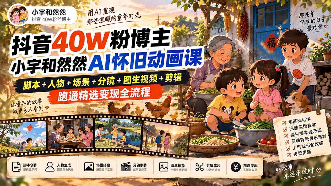 抖音40W粉博主小宇和然然AI怀旧动画课｜脚本+人物+场景+分镜+图生视频+剪辑，跑通精选变现全流程-创业网 - 最新网络创业项目与实战营销教程平台 | cye.cc