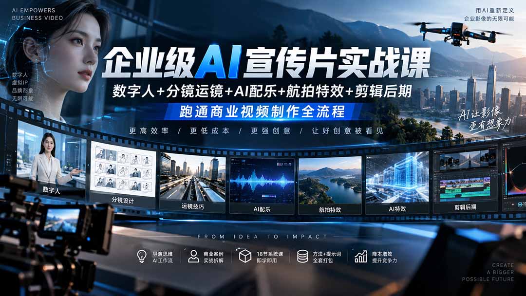 企业级AI宣传片实战课｜数字人+分镜运镜+AI配乐+航拍特效+剪辑后期，跑通商业视频制作全流程-创业网 - 最新网络创业项目与实战营销教程平台 | cye.cc