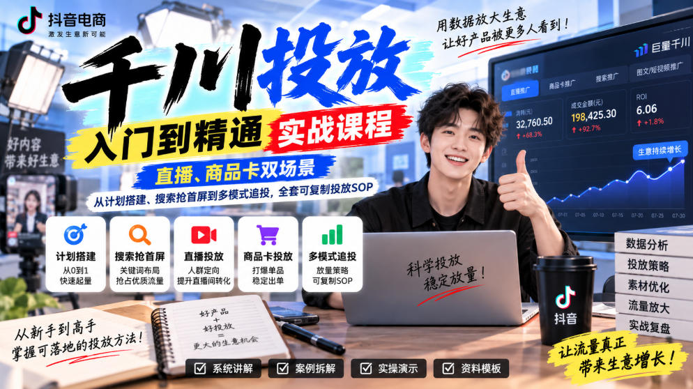 千川投放入门到精通实战课程，直播、商品卡双场景，从计划搭建、搜索抢首屏到多模式追投，全套可复制投放SOP-创业网 - 最新网络创业项目与实战营销教程平台 | cye.cc