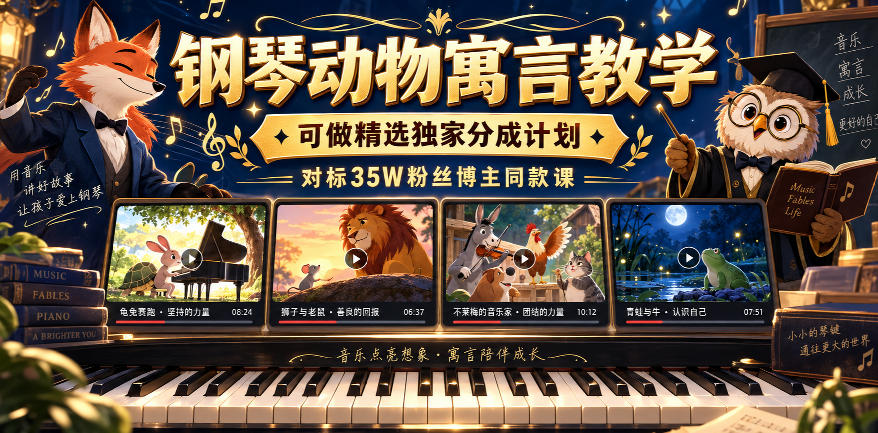 钢琴动物寓言教学，可做精选独家分成计划，对标35W粉丝博主同款课-创业网 - 最新网络创业项目与实战营销教程平台 | cye.cc