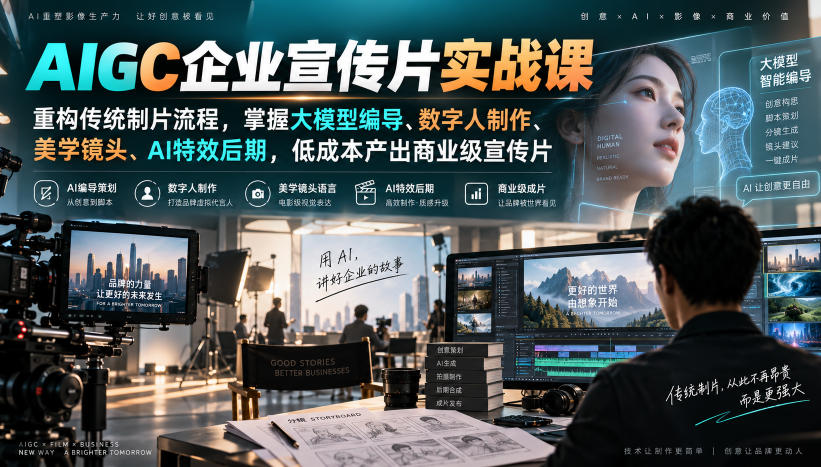 AIGC企业宣传片实战课，重构传统制片流程，掌握大模型编导、数字人制作、美学镜头、AI特效后期，低成本产出商业级宣传片-创业网 - 最新网络创业项目与实战营销教程平台 | cye.cc