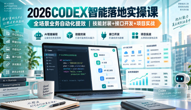 2026Codex智能落地实操课，全场景业务自动化提效，技能封装+接口开发+项目实战-创业网 - 最新网络创业项目与实战营销教程平台 | cye.cc