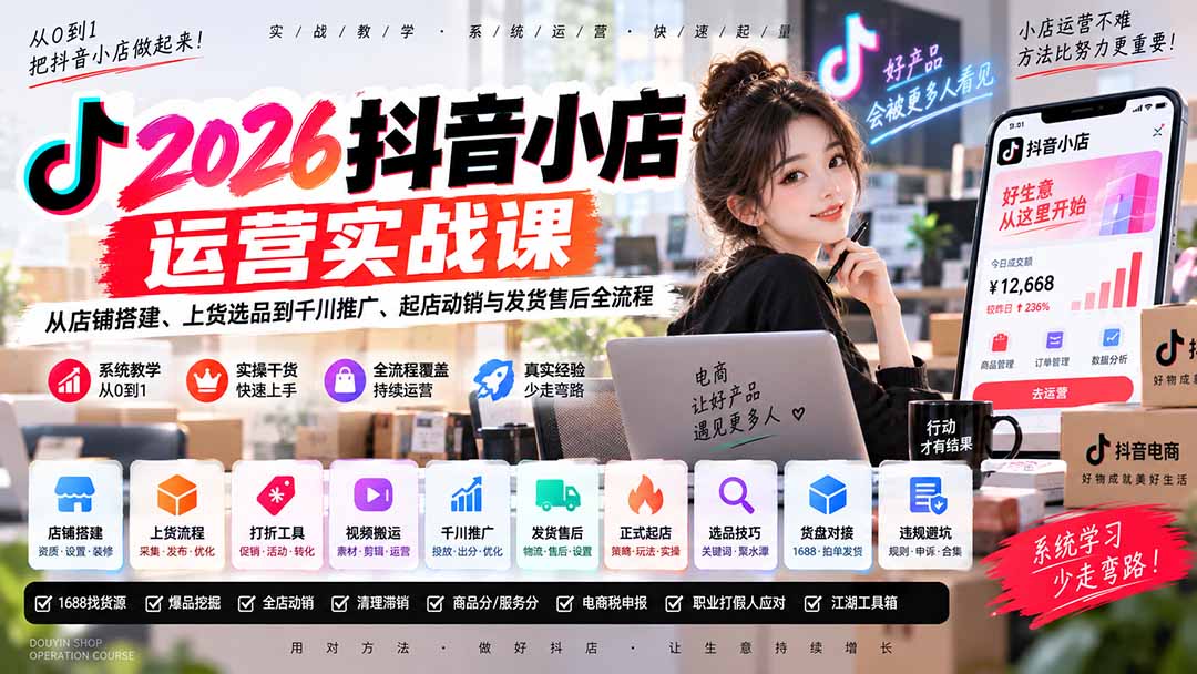 2026抖音小店运营实战课｜从店铺搭建、上货选品到千川推广、起店动销与发货售后全流程-创业网 - 最新网络创业项目与实战营销教程平台 | cye.cc