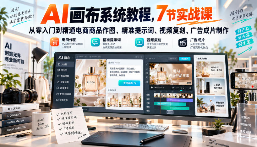 AI画布系统教程，7节实战课从零入门到精通电商商品作图、精准提示词、视频复刻、广告成片制作-创业网 - 最新网络创业项目与实战营销教程平台 | cye.cc