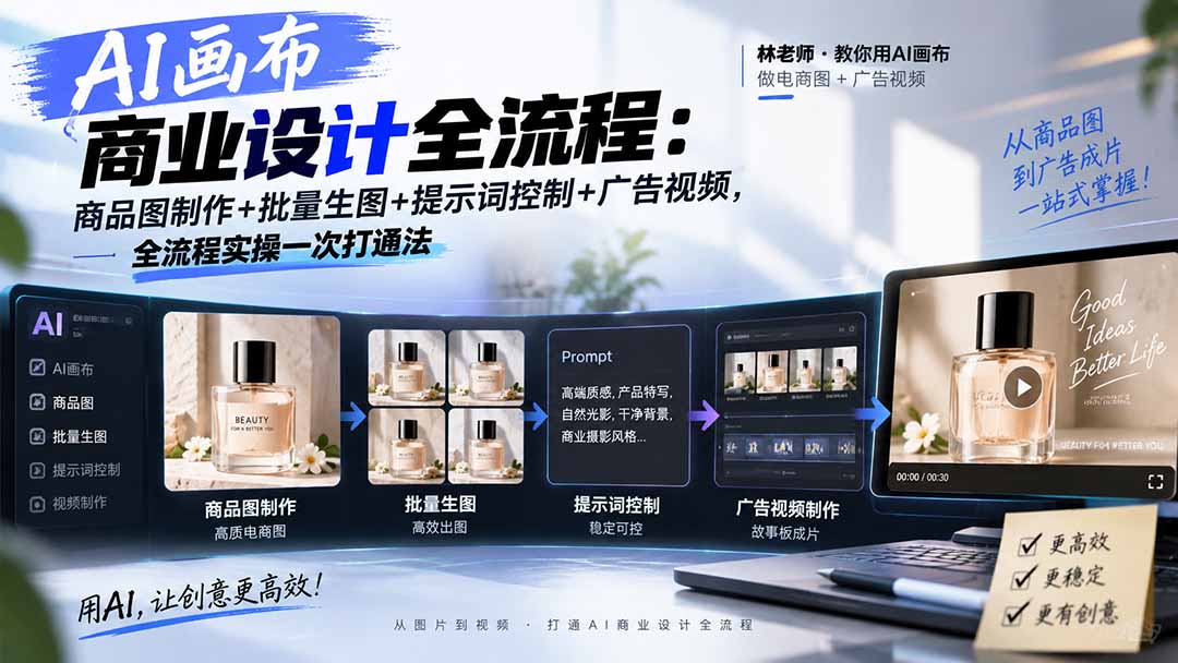 AI画布商业设计全流程：商品图制作+批量生图+提示词控制+广告视频，全流程实操一次打通法-创业网 - 最新网络创业项目与实战营销教程平台 | cye.cc