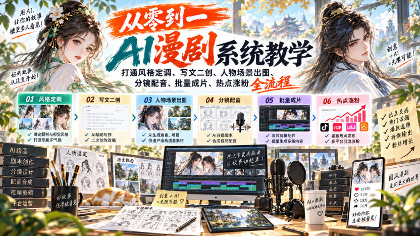 从零到一AI漫剧系统教学，打通风格定调、写文二创、人物场景出图、分镜配音、批量成片、热点涨粉全流程-创业网 - 最新网络创业项目与实战营销教程平台 | cye.cc