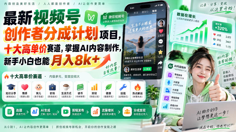 最新视频号创作者分成计划项目，十大高单价赛道，掌握AI内容制作，新手小白也能月入8k+-创业网 - 最新网络创业项目与实战营销教程平台 | cye.cc