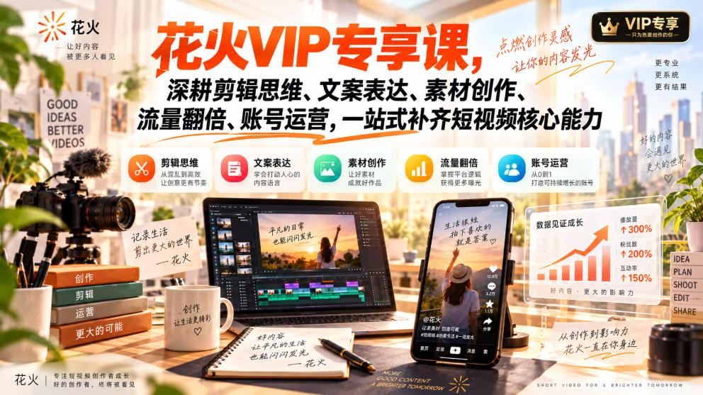 花火VIP专享课，深耕剪辑思维、文案表达、素材创作、流量翻倍、账号运营，一站式补齐短视频核心能力-创业网 - 最新网络创业项目与实战营销教程平台 | cye.cc