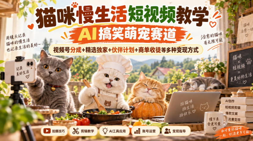 猫咪慢生活短视频教学，AI搞笑萌宠赛道，视频号分成+精选独家+伙伴计划+商单收徒等多种变现方式-创业网 - 最新网络创业项目与实战营销教程平台 | cye.cc