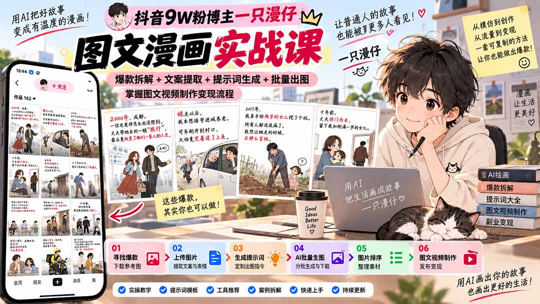 抖音9W粉博主一只漫仔图文漫画课：爆款拆解+文案提取+提示词生成+批量出图，掌握图文视频制作变现流程-创业网 - 最新网络创业项目与实战营销教程平台 | cye.cc