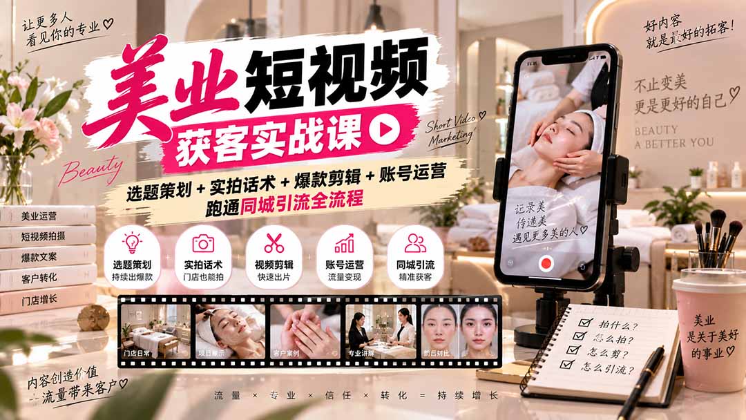 美业短视频获客实战课-无水印：选题策划+实拍话术+爆款剪辑+账号运营，跑通同城引流全流程-创业网 - 最新网络创业项目与实战营销教程平台 | cye.cc