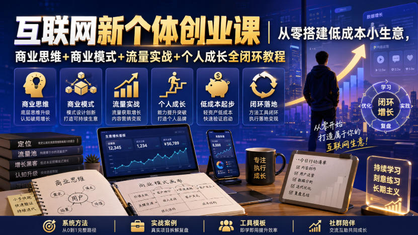 互联网新个体创业课｜从零搭建低成本小生意，商业思维+商业模式+流量实战+个人成长全闭环教程(更新0922)-创业网 - 最新网络创业项目与实战营销教程平台 | cye.cc